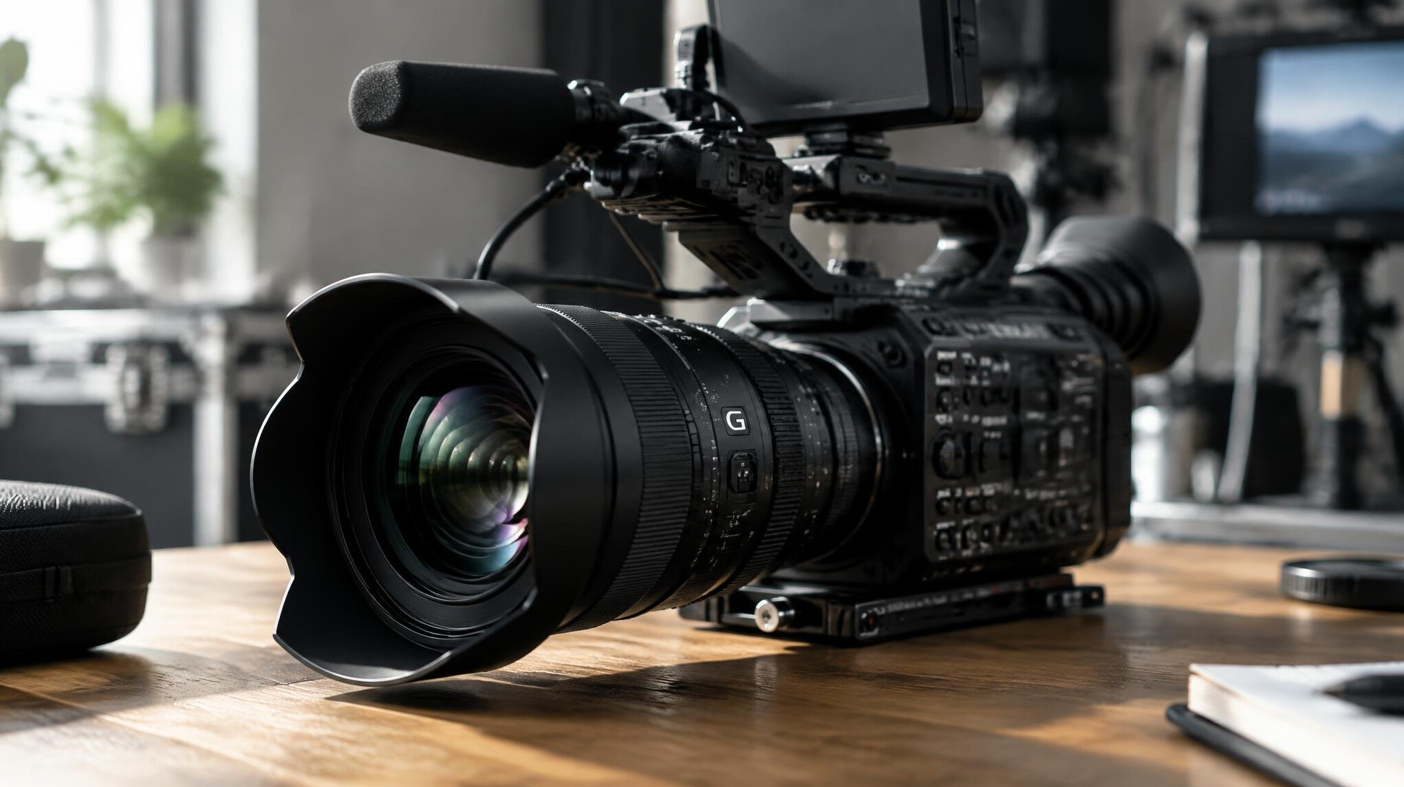 Professional video camera with lens on a table