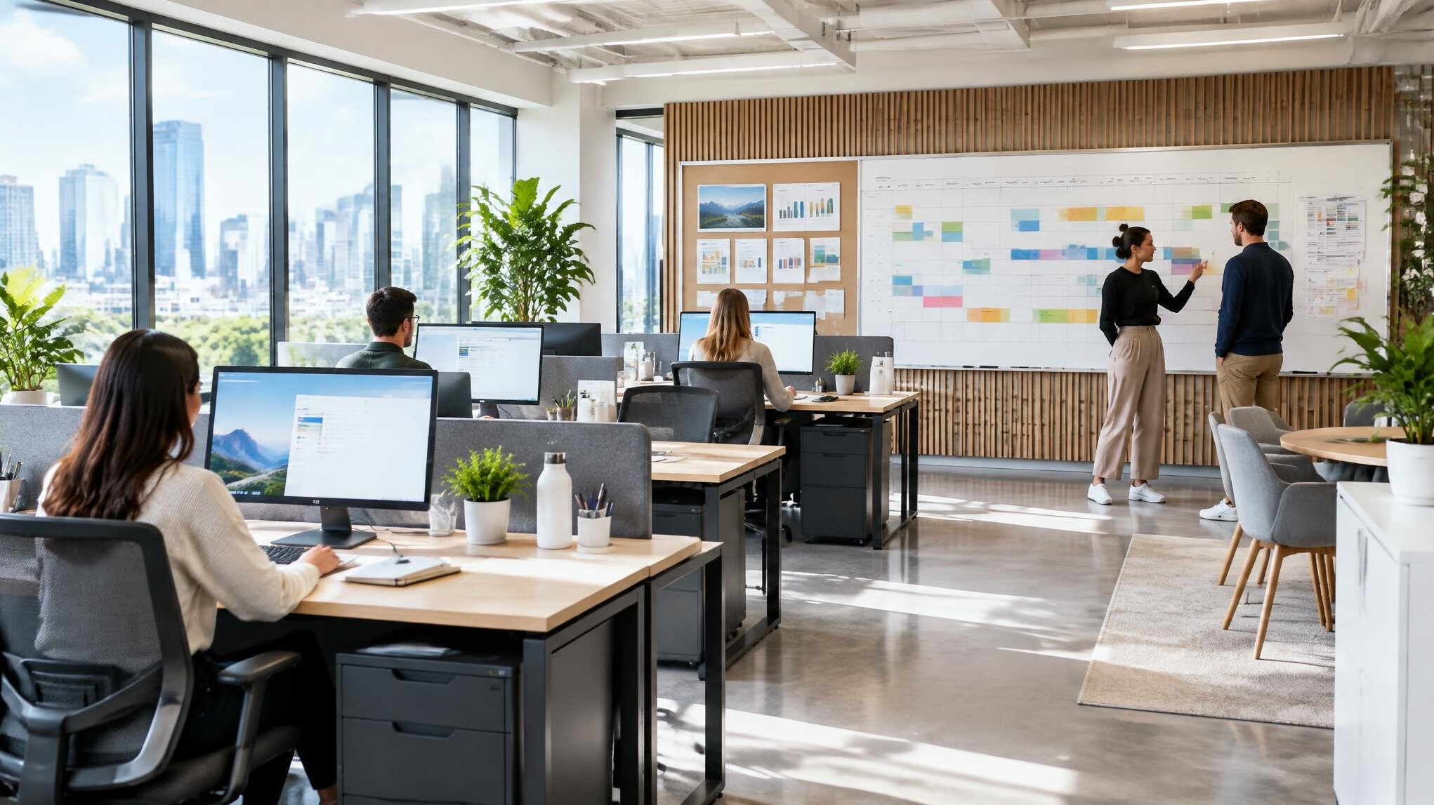Bright modern office workspace with large windows