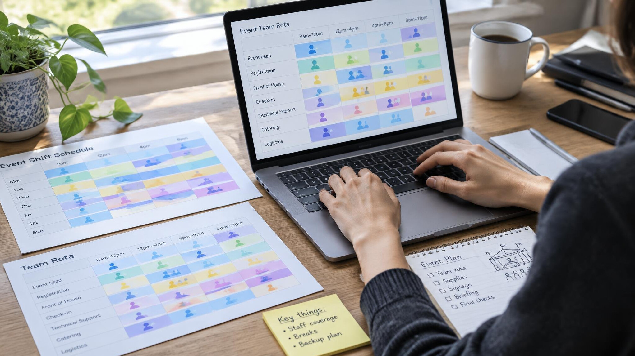 Hands typing on a laptop beside notes and a schedule