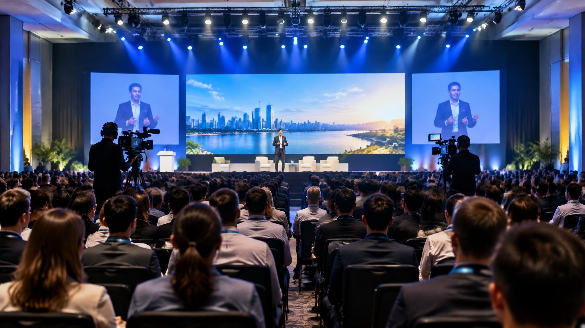 Large conference hall with audience and stage lighting
