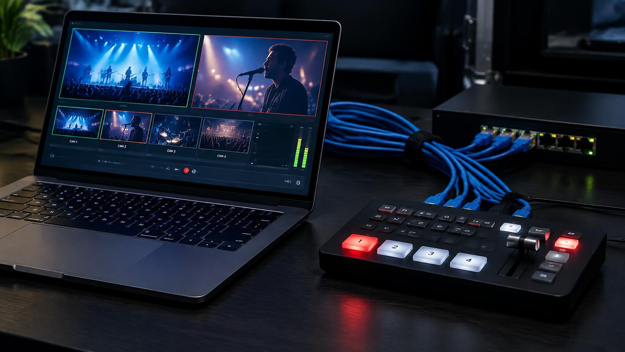 Laptop with glowing screen and network cables on a desk