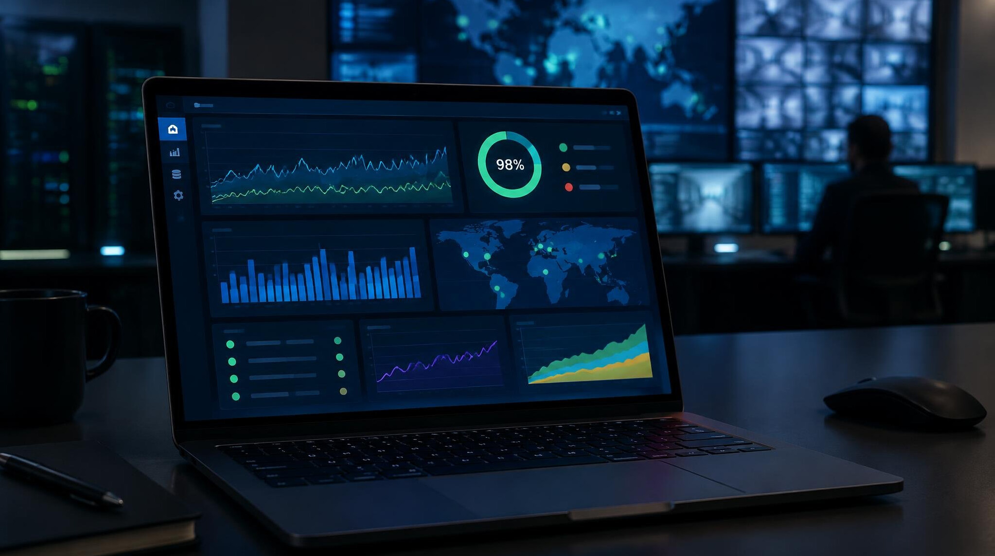 Monitoring dashboard with charts on a laptop screen