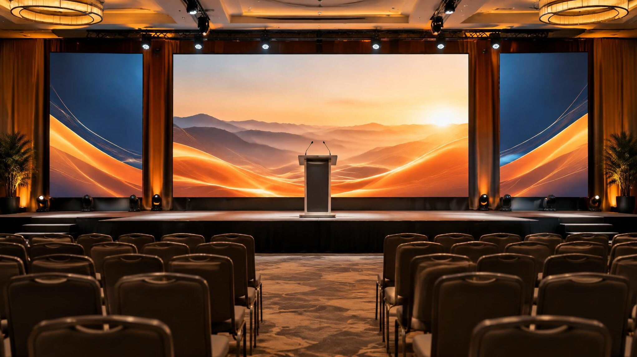Conference stage with screens and lighting