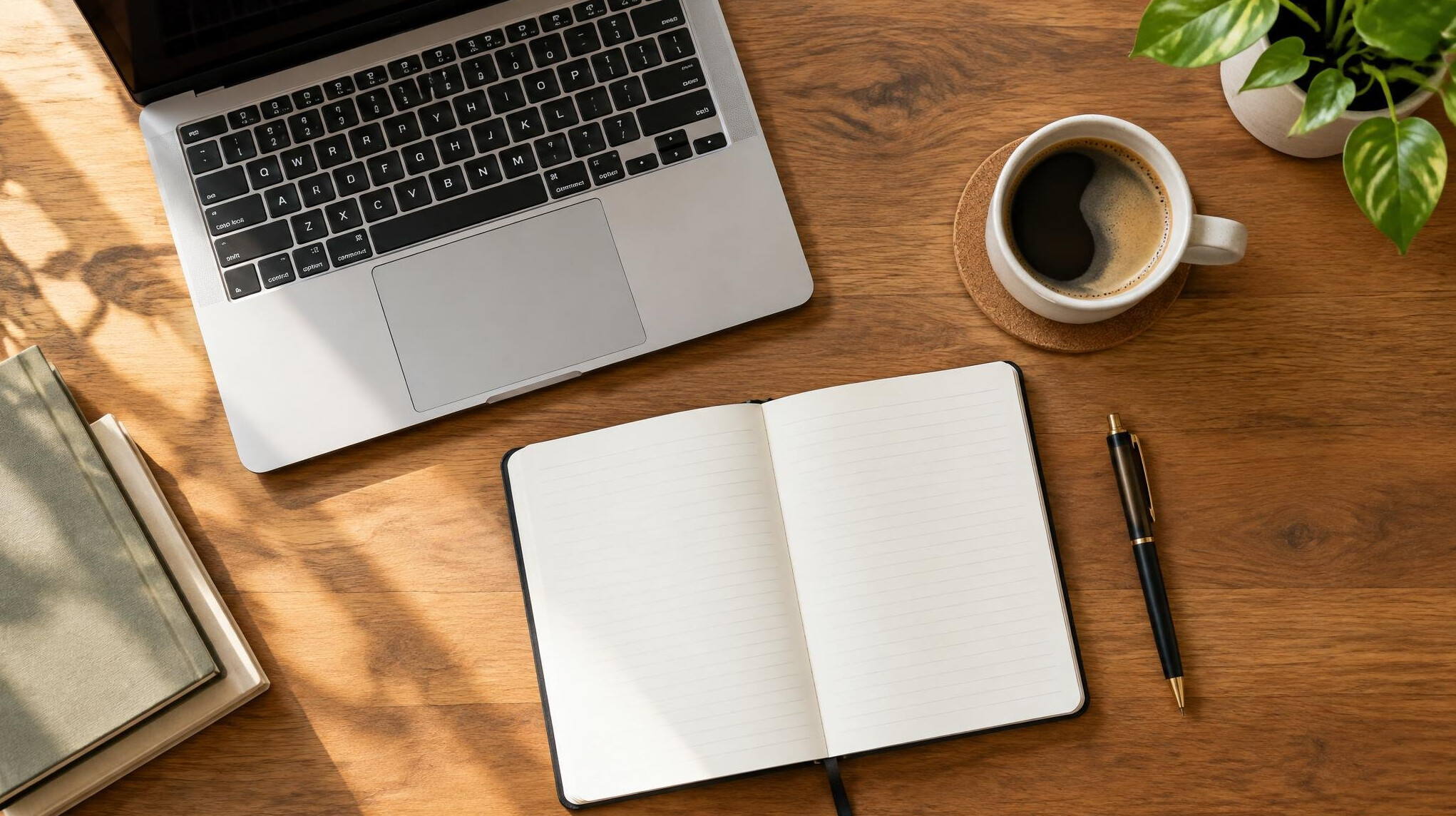 Tidy workspace with laptop, notebook and coffee